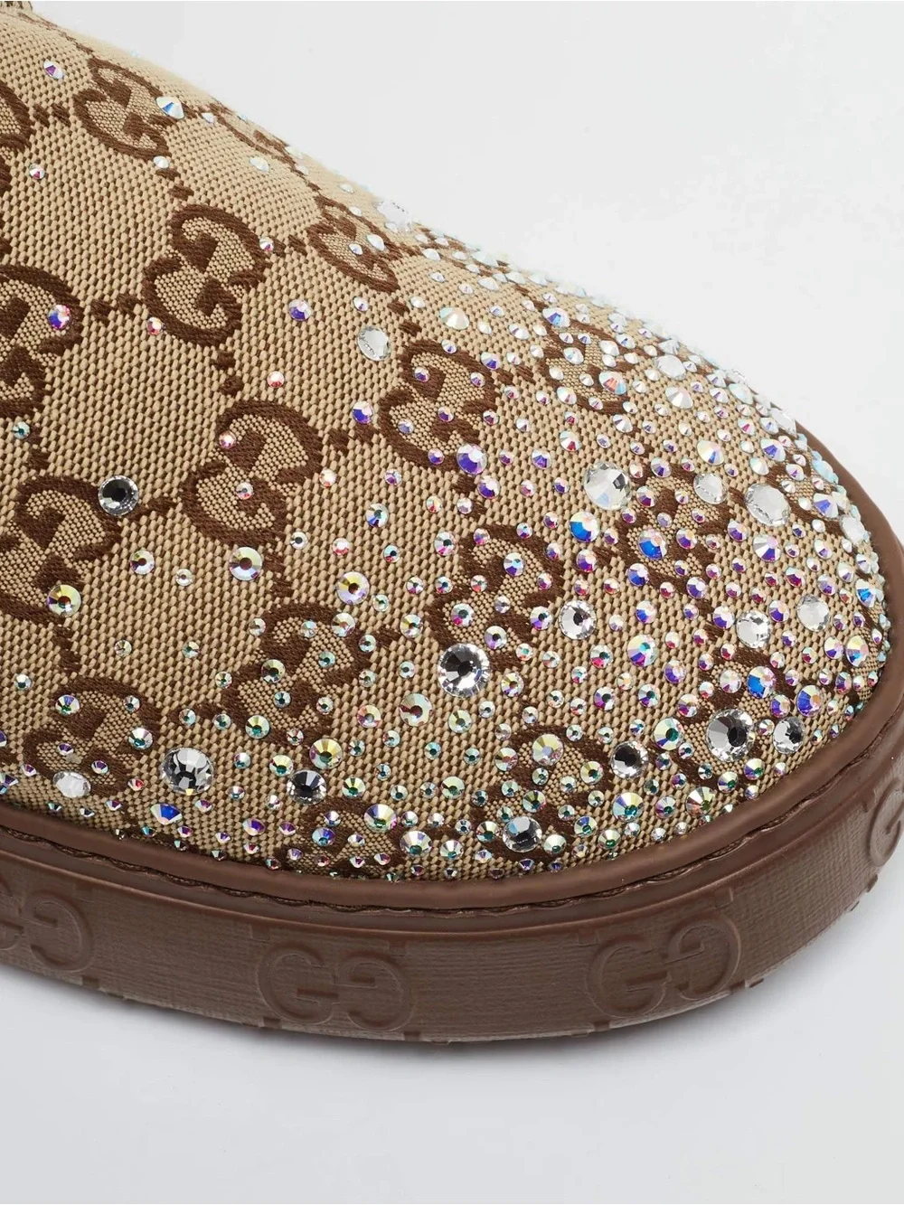 Gucci Beige Monogram Kids Boots with Brown Sole and Crystal Accents